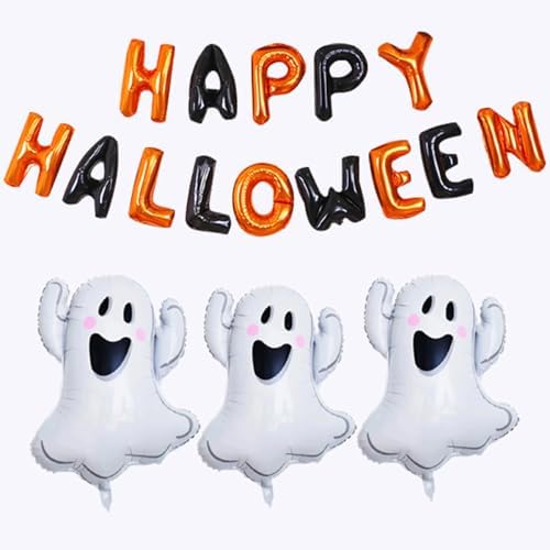 Halloween Balloons Set - 3 Spooky Balloons with Banner and Ribbons