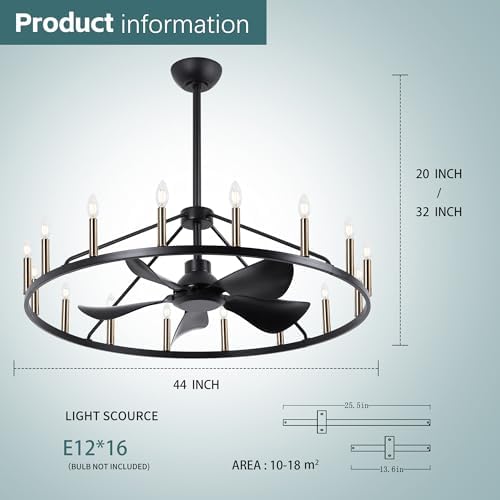 44 Inch Black Gold Wagon Wheel Ceiling Fan with Light
