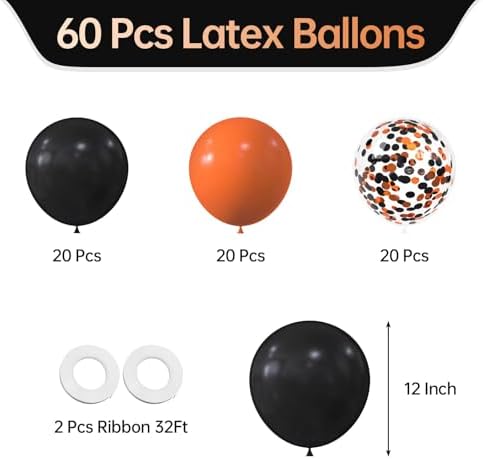 KALOR 12 Inch Orange Black Balloons 60 Pack