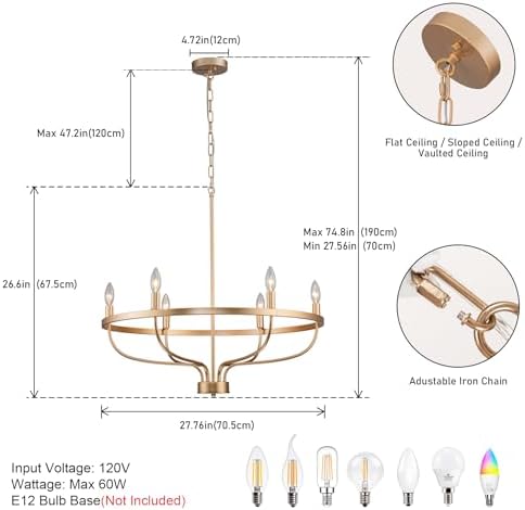 6 Light Gold Chandelier with Adjustable Height
