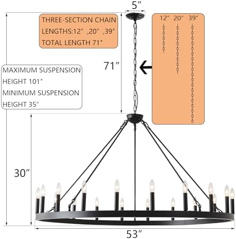 53 Inch Black Wagon Wheel Chandelier with 20 Lights