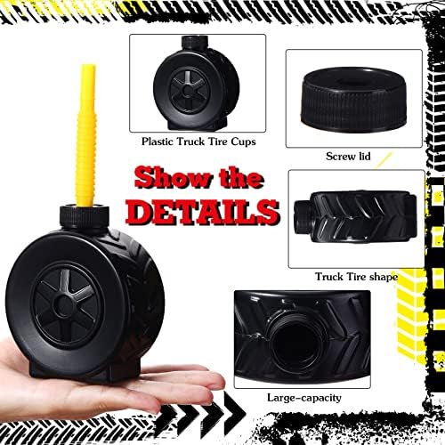 Sawysine 12 Pack Monster Truck Tire Cups with Red and Yellow Straws