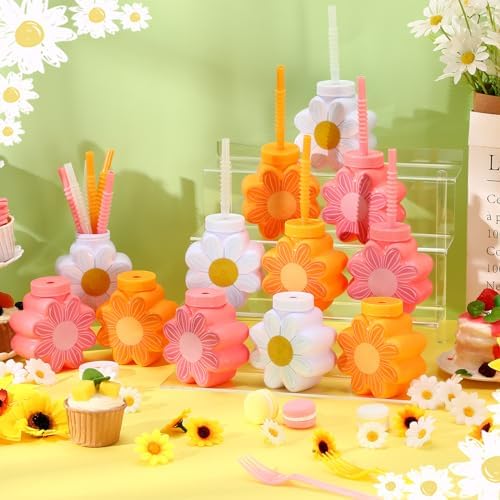 Domensi 24 Pcs Daisy Themed Cups with Lids and Straws