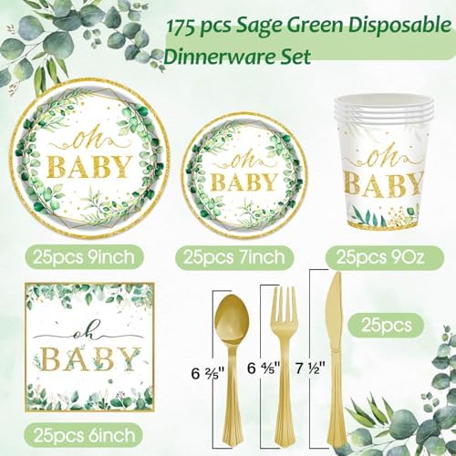Sage Greenery Baby Shower Plates Napkins Tableware Set - 175 Pcs Gender Neutral Party Supplies