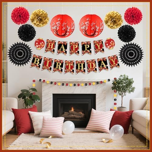 14Pcs Hibachi Party Decor Kit with Japanese Lanterns and Pom Poms