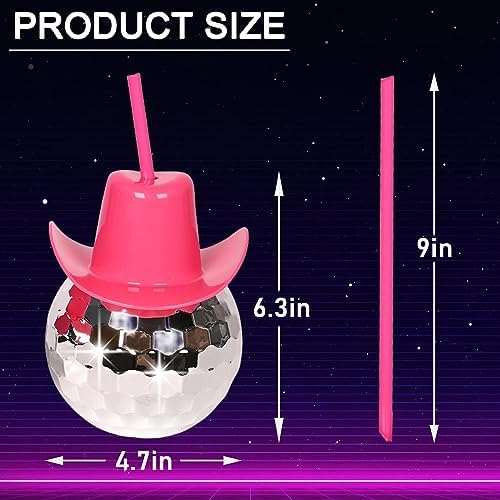 12Pcs Disco Ball Pink Cowgirl Hat Cups with Straws