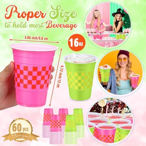 60 Pcs Pink Green Checkered Plastic Cups 16 oz