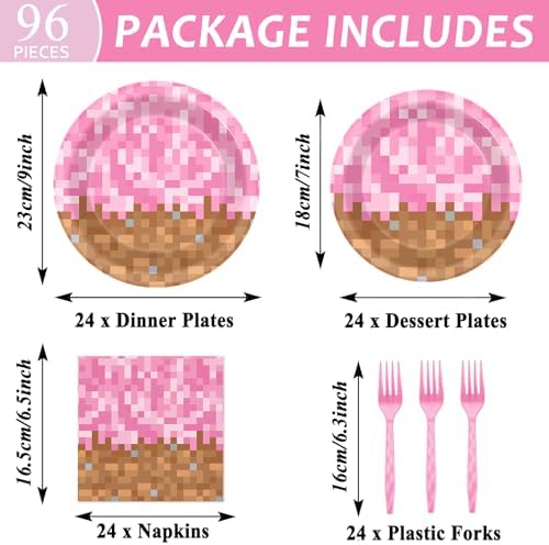 96Pcs Pixel Girl Birthday Plates Napkins Forks Set