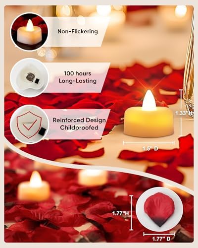 Amagic 2000 Artificial Rose Petals with 24 Heart LED Tea Lights Candle Kit