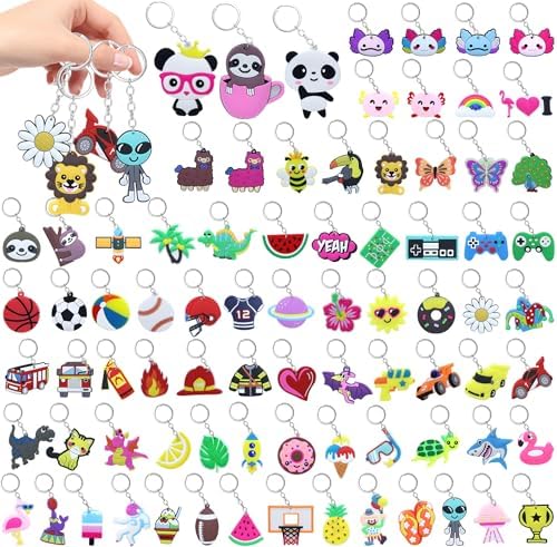 80PCS Cute Keychain Kids Party Favors Bulk Cartoon Key Rings Toys