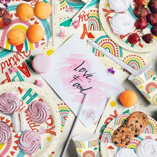 Retro Rainbow Happy Birthday Party Supplies Set for 25 Guests
