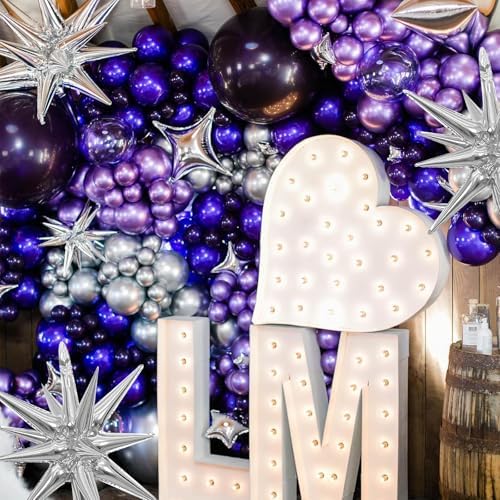 Silver Star Balloons Set with 6Pcs 22Inch Cone Star Foil and 10Pcs 10Inch Four Pointed Star Balloons