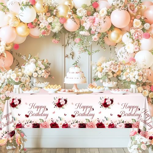 Avezano 3pcs Burgundy Floral Birthday Tablecloths 108x54 inch Red Pink Party Decorations