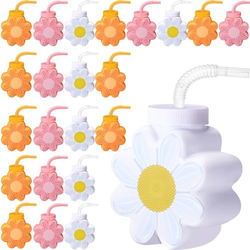 Domensi 24 Pcs Daisy Themed Cups with Lids and Straws