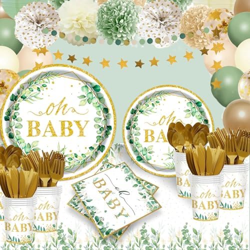 Sage Greenery Baby Shower Plates Napkins Tableware Set - 175 Pcs Gender Neutral Party Supplies