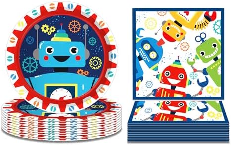 Robot Birthday Party Plates Napkins Set 24 Guests 64 Pcs