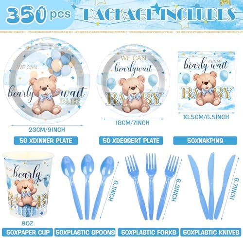 Dandat 350 Pcs Bear Themed Baby Shower Plates Set