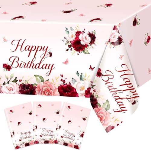 Avezano 3pcs Burgundy Floral Birthday Tablecloths 108x54 inch Red Pink Party Decorations