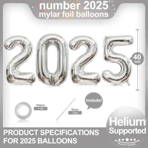 2025 Giant 40 Inch Silver Number Balloons