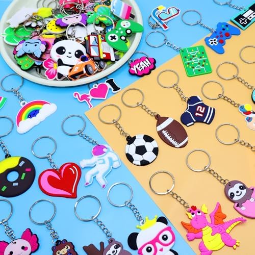 80PCS Cute Keychain Kids Party Favors Bulk Cartoon Key Rings Toys