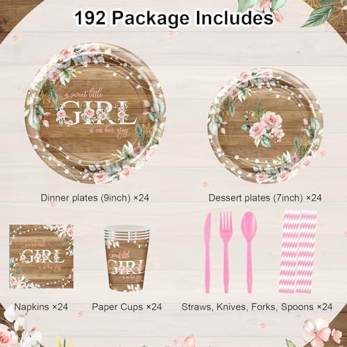 Avezano 192 Pcs Rustic Girl Baby Shower Decorations Plates Napkins Cups Set for 24 Guests