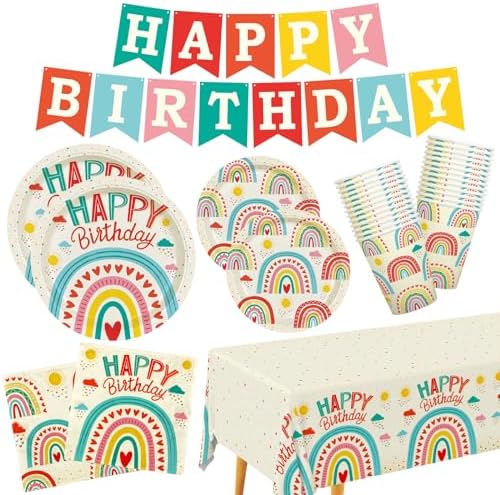 Retro Rainbow Happy Birthday Party Supplies Set for 25 Guests