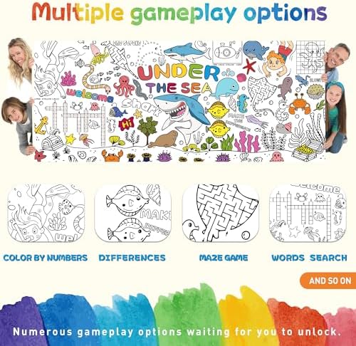 Ocean Theme Coloring Tablecloth with Giant Poster 30x72 Inch - Party Decorations for Kids Birthday Classroom Home
