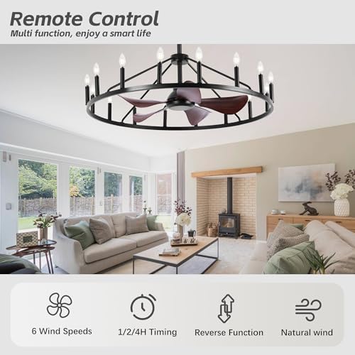 REDSTAR Farmhouse Wagon Wheel Chandelier Fan with Light and Remote