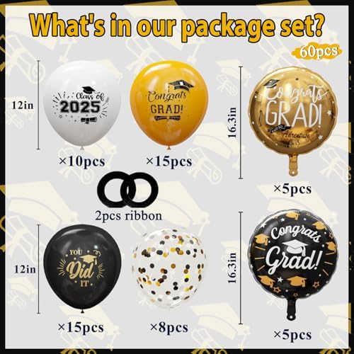 GuassLee Graduation Balloons 2025 Gold Black Set 60pcs