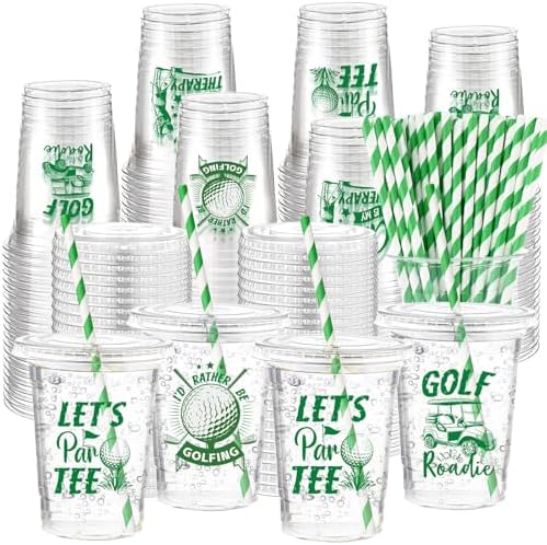 100 Piece Golf Ball Party Cups with Lids and Straws