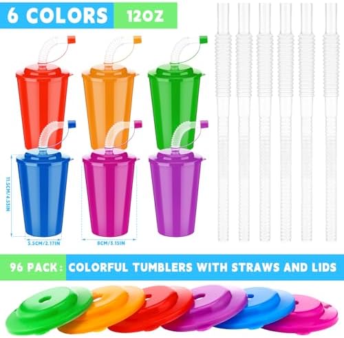 Zubebe 96 Pcs Neon Straws Cups 12 oz Reusable Party Supplies