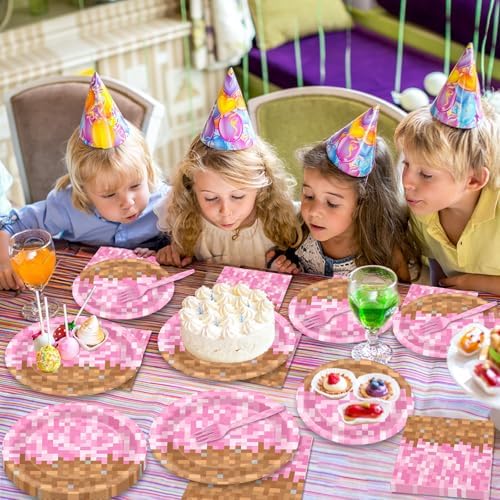 96Pcs Pixel Girl Birthday Plates Napkins Forks Set