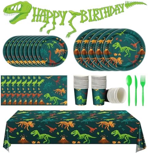 Dinosaur Birthday Party Decorations with Plates Cups Napkins and Table Cloths