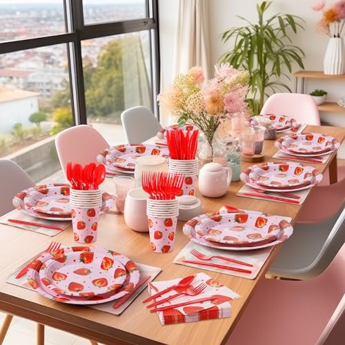 Ziliny 350 Pcs Strawberry Party Plates Set for 50 Guests