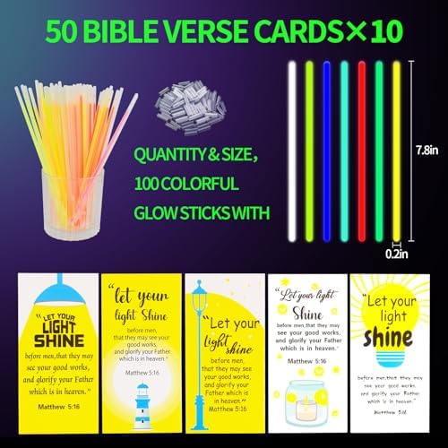 LiYiQ 50 Christian Cards with 100 Glow Sticks Party Favors