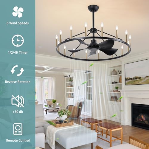 44 Inch Black Gold Wagon Wheel Ceiling Fan with Light