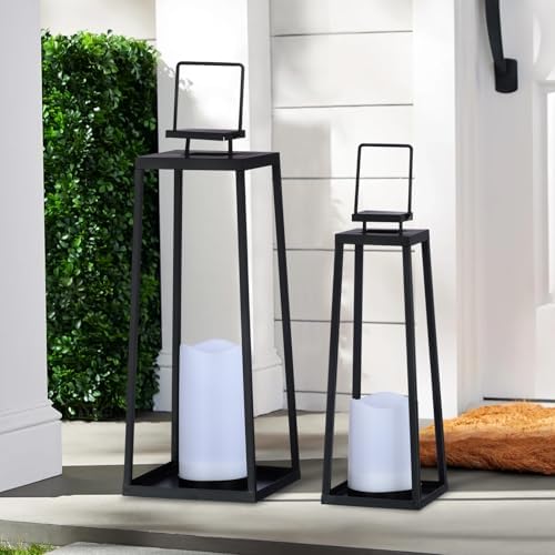 SunnyPark Solar Lantern Set of 2 Modern Black Metal Outdoor Decor