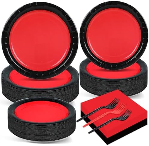 50 Guests Red and Black Party Plates and Napkins