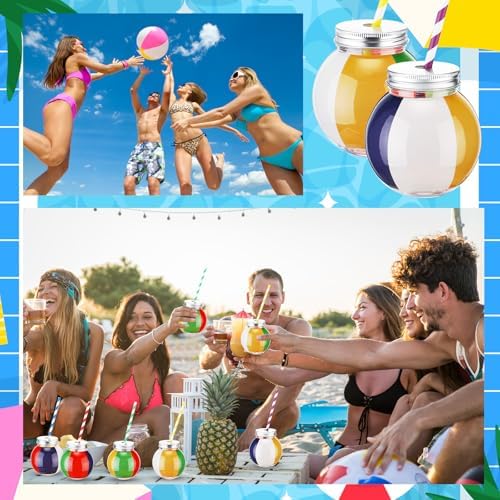 Baderke 12 Pack Beach Ball Cups with Straws and Lids