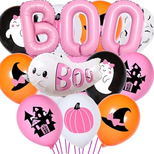 Halloween Pink Balloons Decor Set - 50 Pcs Ghost BOO Balloons