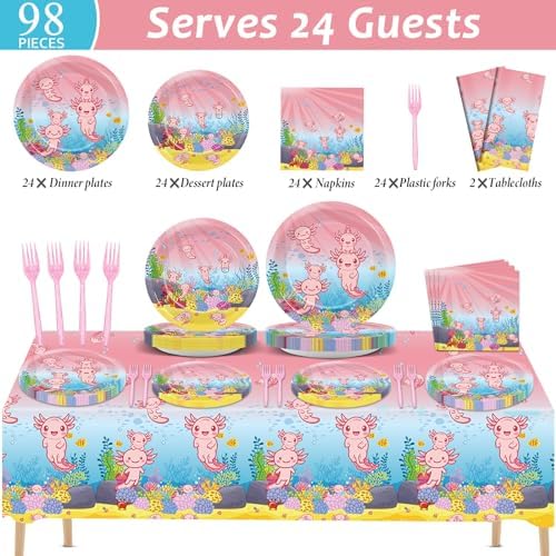 Chiazllta 24 Guests Pink Axolotl Party Plates Set