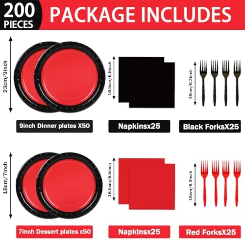 50 Guests Red and Black Party Plates and Napkins
