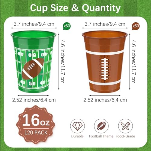 120 Pcs Football Plastic Cups 16 oz Bulk Party Supplies