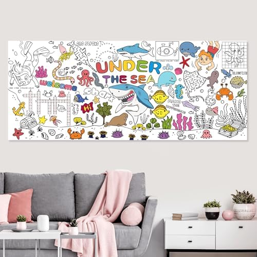 Ocean Theme Coloring Tablecloth with Giant Poster 30x72 Inch - Party Decorations for Kids Birthday Classroom Home