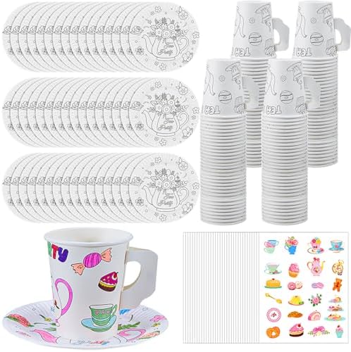 Lenwen 48 Piece Color Your Own Tea Party Cups with Handles and Plates
