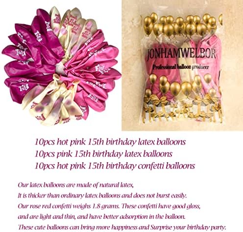 15th Birthday Pink and Hot Pink Balloons 30 Pack 12 Inch Confetti Party Decorations