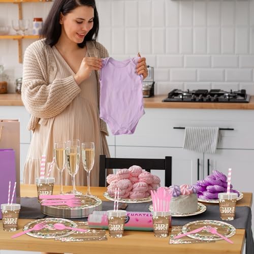 Avezano 192 Pcs Rustic Girl Baby Shower Decorations Plates Napkins Cups Set for 24 Guests