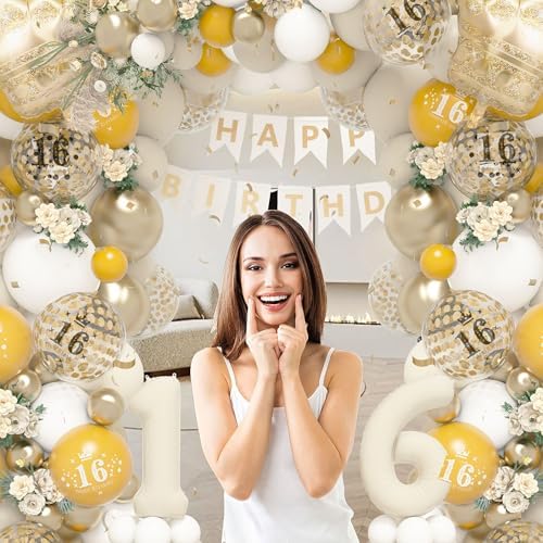 16th Birthday Balloons Garland Arch Kit with Number 16 Foil Balloons