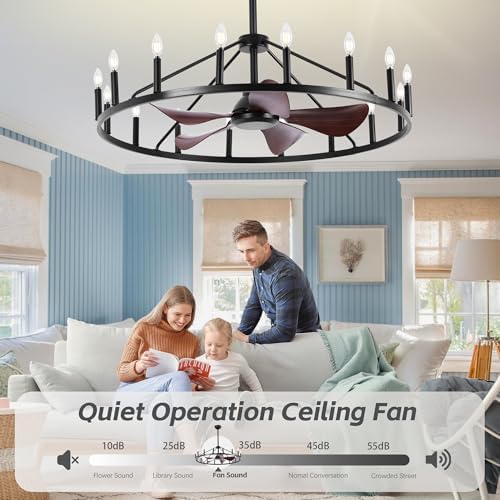 REDSTAR Farmhouse Wagon Wheel Chandelier Fan with Light and Remote
