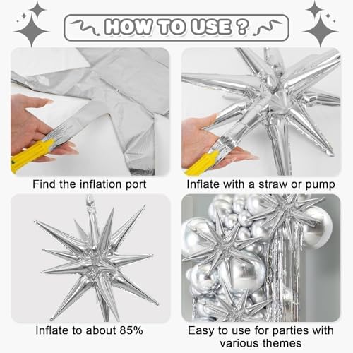 Silver Star Balloons Set with 6Pcs 22Inch Cone Star Foil and 10Pcs 10Inch Four Pointed Star Balloons